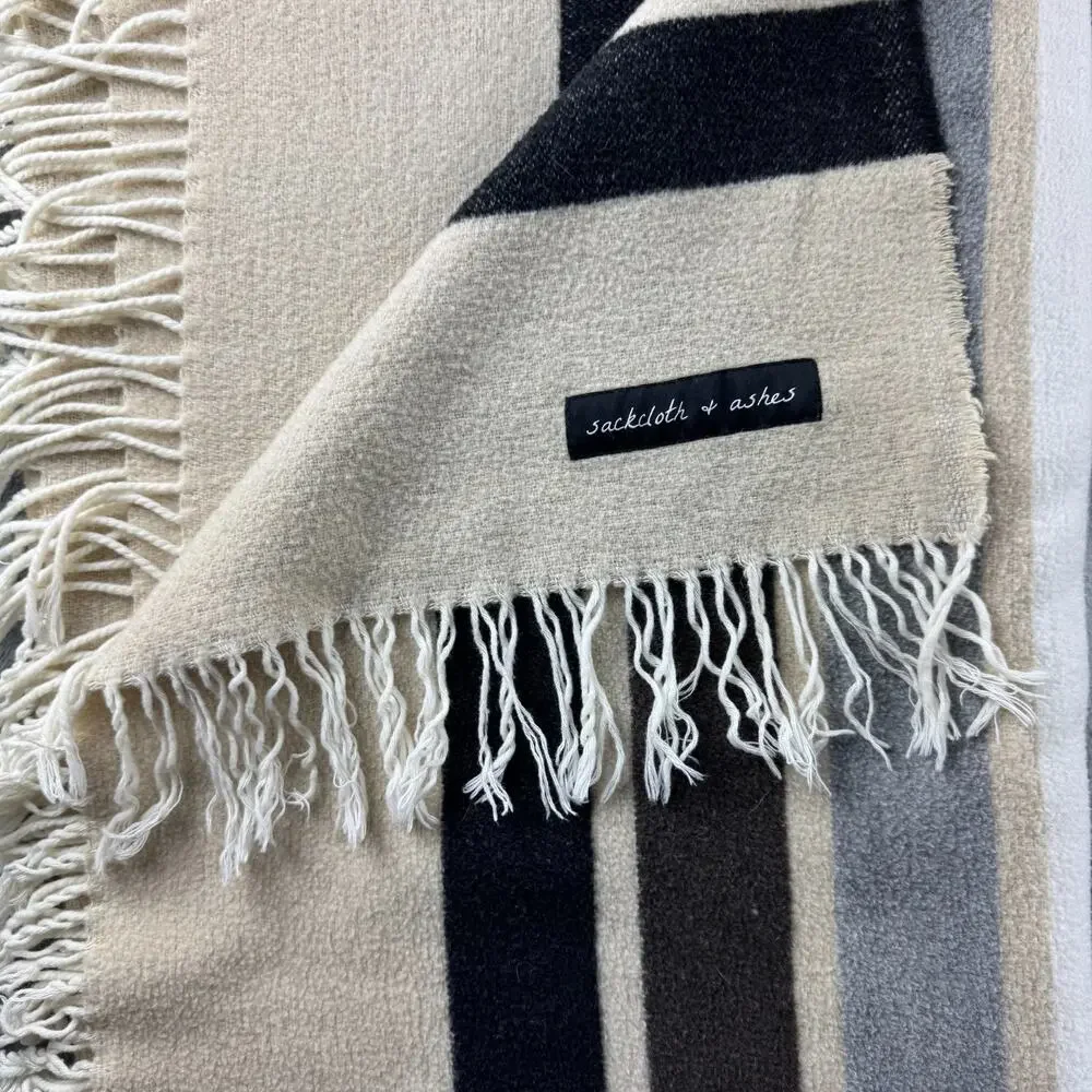 Sackcloth & Ashes Throw Blanket 59x70 Wool Blend Made Italy Striped Fringe